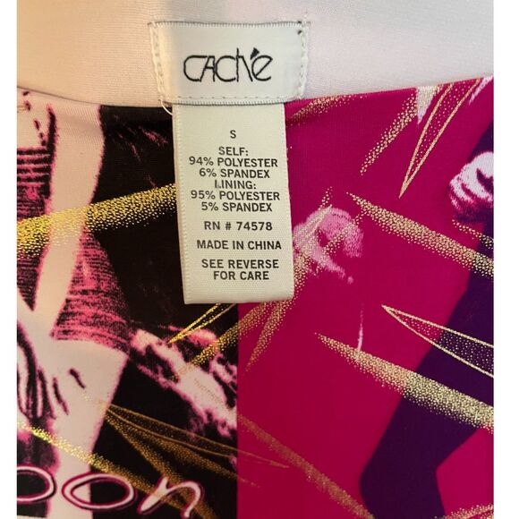 Cache Long‎ Sleeve Bodycon Dress Graphic Print Pink Black Gold Foil Size Small - Picture 3 of 4